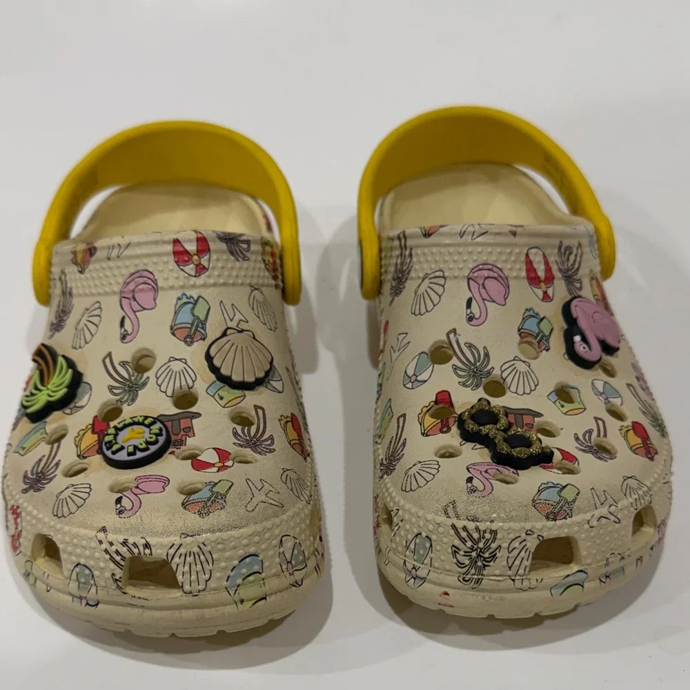 CROCS Kids Beach Print Clogs with Yellow Strap Size 13
